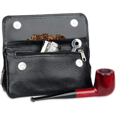 Image of LUCKFY Health Secure Soft Genuine Leather Smoking Tobacco Pipe Pouch Portable Case Bag for 2 Pipes Tamper Filter Tool Cleaner Preserve Freshness,Black