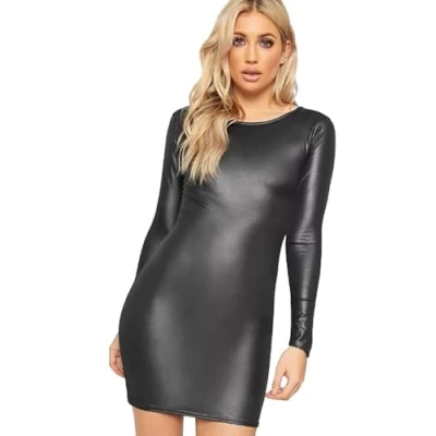 Image of Womens Black Wet Look Stretch Bodycon Mini Dress Ladies Long Sleeve Top (UK, Numeric, 18, Regular, Black)