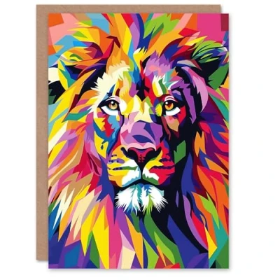 Image of Artery8 Lion Head Colourful Vibrant Geometric Design Greeting Birthday Card Him Her All Blank