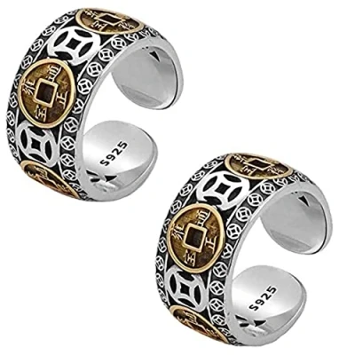 Image of MING ZHEN Five Emperor Money Ring,Chinese Feng Shui Coin Wealth Success Ring, Adjustable Good Luck Attract Lucky Punk Rock Couple Ring (2PCS)