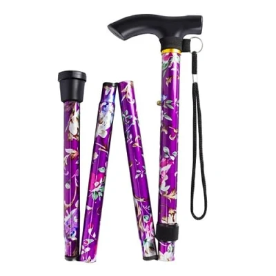 Image of Glamified Adjustable Folding Walking Stick, Portable Cane with Ergonomic Handle, Non Slip Base, Lightweight, Height (Purple Flower)