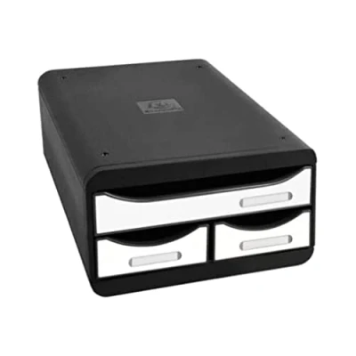 Image of Exacompta Ref. 3117213D small BOX MINI 3 drawers 1 drawer for A4+ format documents 2 thin utensils dimensions 347 x 278 130 mm black/glossy white