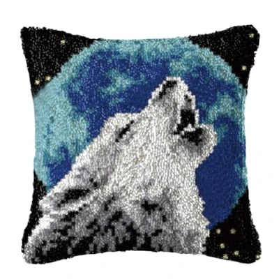 Image of CAIRF Wolves Pattern B Latch Hook Pillow Case Kits Embroidery DIY Cushion Cover Kit for Starters Adults or Children, 43 X cm