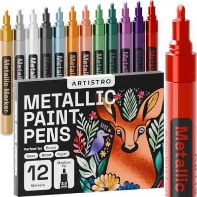 Image of ARTISTRO 12 Metallic Paint Pens for Rock Painting, Stone, Ceramic, Glass, Wood, Fabric, Pebbles, Scrapbook Journals, Photo Albums, Card Stocks, Acrylic Markers Medium Tip 3.0mm