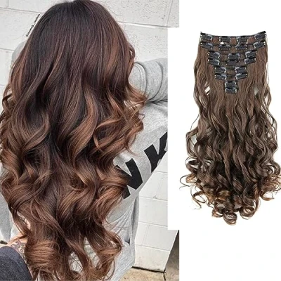 Image of CAISHA XXL 18&quot; 8 Pieces Set Clip In Extensions Hair Extension Hairpiece Voluminous Wavy Brown Mix CES12 1
