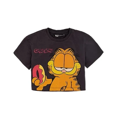 Image of Garfield Cropped T Shirt for Girls Kids Teens Doughnut Cartoon Cat Character Short Sleeve Charcoal Crop Top Clothes Merchandise
