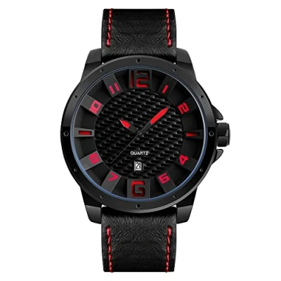 Image of FeiWen Mens Large Dial Analog Quartz Watches Casual Style Balck Stainless Steel Case and Leather Band Business Dress Fashion Wrist Watch, Red