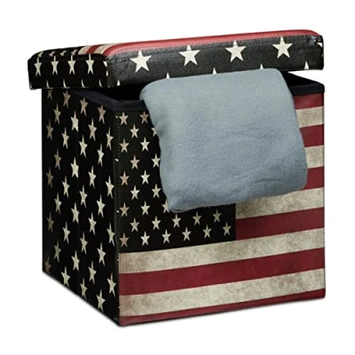 Image of Relaxdays Folding Seat Box Ottoman 38 cm Sturdy Cube with Trendy Motifs as Practical Footrest Cofortable Faux Leather Cover for Storage Pouffe Removable Lid, USA