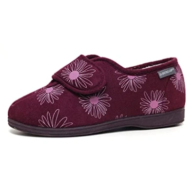 Image of DUNLOP Womens Floral Print Touch and Close Slippers Ladies Memory Foam Machine Washable Shoes (Plum), 8 UK