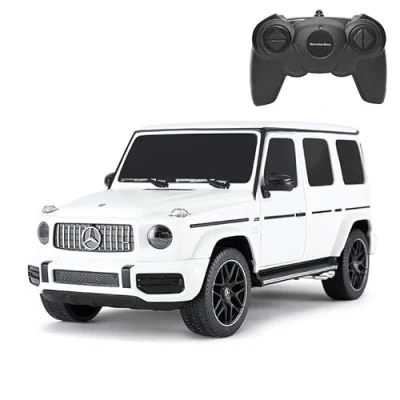 Image of Officially Licensed Mercedes Benz G63 AMG RC Car, 1:24 Scale, White Remote Controlled with Front Wheel Shock Absorbers, LED Headlights, Suitable for Indoor and Outdoor Play