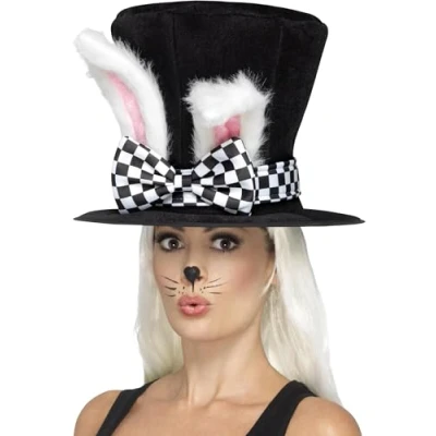 Image of Smiffys Tea Party March Hare Top Hat, Black &amp; White with Attached Rabbit Ears, Fairytale, Wings and Wands Fancy Dress, Adult Dress Up Hats