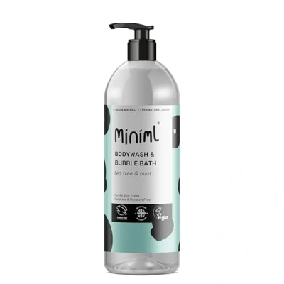 Image of Miniml All Natural Body Wash and Bubble Bath 1L Bottle Moisturising Tea Tree Mint Sensitive Skin Eco Shower Gel Soak Vegan Friendly High Foam