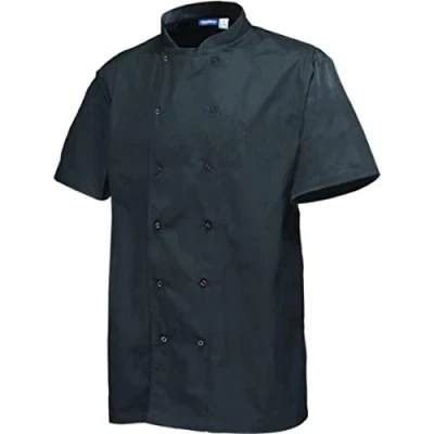 Image of Genware NJ20 S Chef&#039;s Basic Stud Short Sleeve Jacket, Black, Small