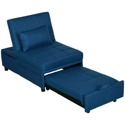 Image of HOMCOM Convertible Chair Bed with Padding Seat, 4 in 1 Multi Functional Sleeper Sofa Bed, Recliner Adjustable Backrest, Side Pocket, Wheels and Pillow, for Living Room, Blue