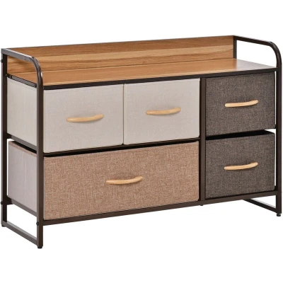 Image of HOMCOM 5 Drawer Dresser, Linen Fabric Chest of Drawers, Dresser Tower Unit for Bedroom Hallway Entryway, Storage Organizer with Steel Frame Wooden Top