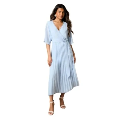 Image of Oasis Womens Petite Occasion Kimono Sleeve Pleated Midi Dress Blue Size 14 UK