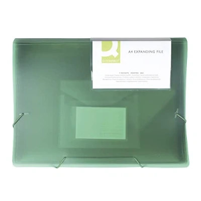 Image of Q Connect Expanding File Organiser with Elastic Band / 6 Compartments/Dividers/Pockets/Polypropylene/Document Folder A4 Transparent Green/Has Compartments Index Windows and Indexes