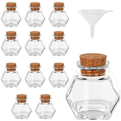 Image of BELLE VOUS 12 Pack of Glass Hexagon Shaped Jars with Cork Stopper Lids 45 50ml/1.5 1.7oz Mini Mason Airtight Storage Bottles &amp; Funnel for Wedding Favours, Parties, Kitchen Spices and Jam