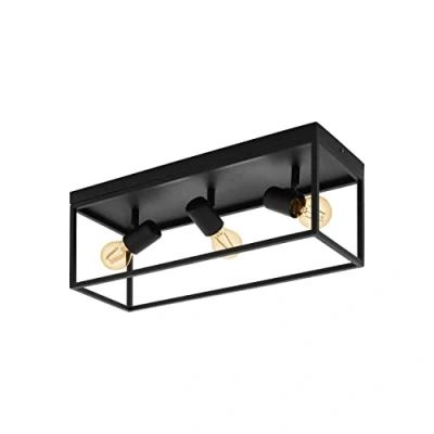 Image of Eglo Silentina Flush Ceiling Light, Industrial Design Living Room, Kitchen, Hallway Lighting, Black Steel Light Fitting, E27 Socket