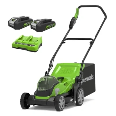 Image of Greenworks G24X2LM36K2X Cordless Lawnmower for Lawns up to 210m², 36cm Cutting Width, 40L Bag PLUS Two of 2x24V(48V equivalent) 2Ah Batteries &amp; Twin Charger, 3 Year Guarantee