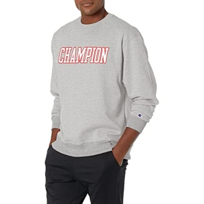 Image of Champion Men&#039;s Powerblend Fleece Crew, Pullover Sweater, Oxford Grey/New Ripe Red Block Outline, L
