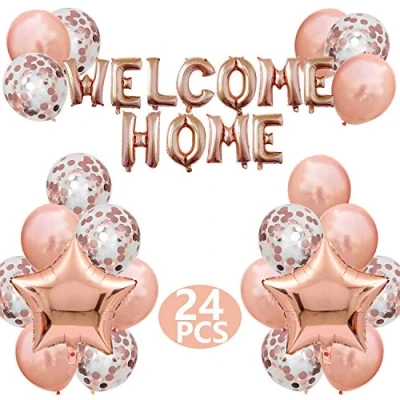 Image of Fechy Welcome Home Letter Balloon Banner with Star Sequin Balloons for Family Party Decorations(24 Pack) (Gold rose)