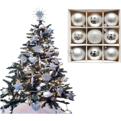 Image of UKDD® Set of 9 Premium Baubles Luxury Christmas Tree Bauble Decorations Matte, Glitter, shiny (Silver)