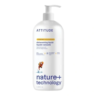 Image of ATTITUDE Washing Up Liquid, EWG Verified, Vegan Dish Soap, Plant Based, Naturally Derived Products, Citrus Zest, 1 Liter