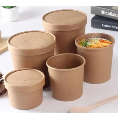Image of HOT BARGAINS 50 x 12oz / 360ml Brown Kraft Disposable Soup Cups Containers with Lids Paper Bowls for Takeaway Tubs Ice Cream, Dessert and Deli (12oz, 50, Count)