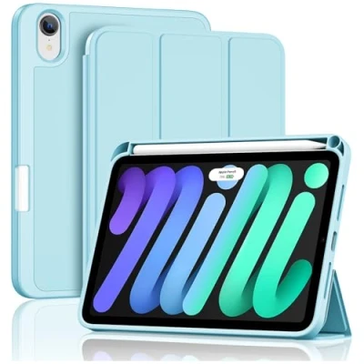 Image of ProCase for iPad Mini 7 A17 Pro 2024/iPad 6 2021 8.3 Inch 7th/6th Gen Case with Pencil Holder, Trifold Stand Smart Folio Soft TPU Back Cover 8.3&quot; Skyblue