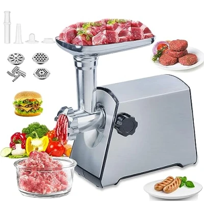 Image of BenRich Electric Meat Mincer Grinder and Sausage Maker, 2800 Watt Powerful Copper Motor Machine Stainless Steel Body Sliver