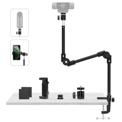 Image of Webcam Stand Camera Mount with Phone Holder &amp; 5/8&quot;Screw, 25in Flexible Projector Gooseneck Desk Mic for Logitech C922 C930e C920 C925e C615 C960 Brio 4K, GoPro Hero, Blue Yeti Snowball Ice