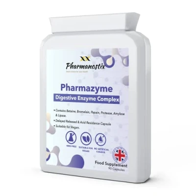Image of PharmaZyme Digestive Enzymes 90 Vegan Capsules Plant Enzyme Complex Bromelaine, Papaine, Betaine, Protease, Amylase, Lipase &amp; Peppermint for Indigestion UK Manufactured