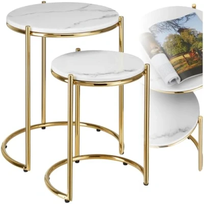 Image of TecTake® Set of 2 Marble Coffee Tables in Round Design, Nesting with Robust Tops &amp; Sturdy Steel Frames, Height Adjustable Side Table for Living Room, Bedroom Hallway White/Gold