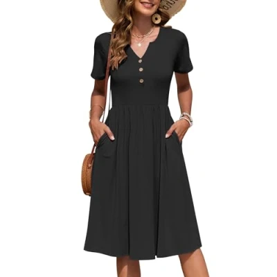 Image of AUSELILY Women&#039;s Summer Short Sleeve Midi Dresses V Neck Empire Button Knee Length Dress with Pockets Black M