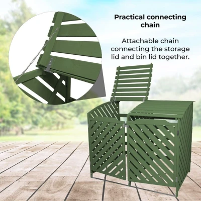 Image of Double Wheelie Bin Storage Sage Green 480L Garden Shed Latched Lockable Outdoor Patio Recycling Dustbin Trash Cover Store Lid Unit Chain Wooden Slatted 122cm H x 149cm W 92.5cm D FREE Fixing Kit…