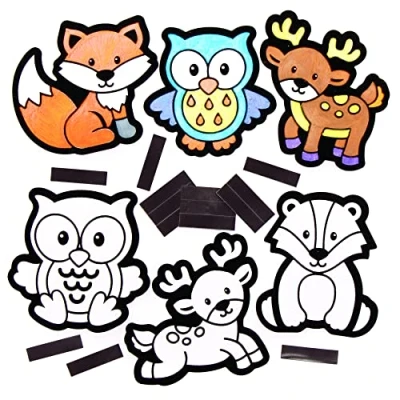 Image of Baker Ross FE851 Woodland Animal Fuzzy Art Magnets Pack of 15, Make Your Own for Children to Decorate and Display, Creative Activities Kids, Black, 3.3x4.1 inches