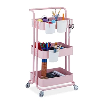 Image of Storage Trolley, 3 Shelves, All Purpose, Rolling Shelf h x w d approx. 86 38 39 cm, Metal, Pink Relaxdays