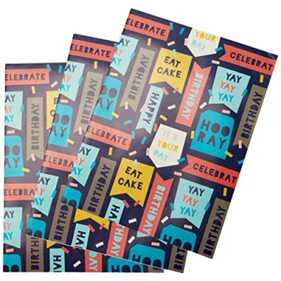 Image of Hallmark Birthday Gift Wrap and Tag Bundle 4 Paper Sheets Tags in 1 Jazzy Themed Design