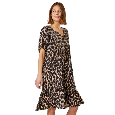 Image of Roman Floral Border Print Smock Dress for Women UK Ladies Spring Everyday Summer Holiday Round Neckline Comfy Short Sleeve Soft Knee Length Frock Vacation Gowns Beige Size L