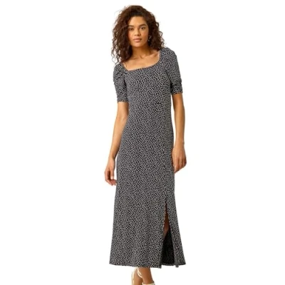 Image of Roman Originals Floral Square Neck Maxi Dress for Women UK Ladies Everyday Holiday Spring Summer Notch Neckline Comfy Soft Evening Vacation Work Party Black White Size 8