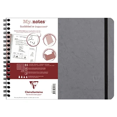 Image of Clairefontaine 782465C Age Bag A Spiral Notebook with Detachable Margins My.Notes Gray B5 Landscape 25x19 cm 120 Lined Pages 90 g White Paper Glossy Leather Grain Card Cover