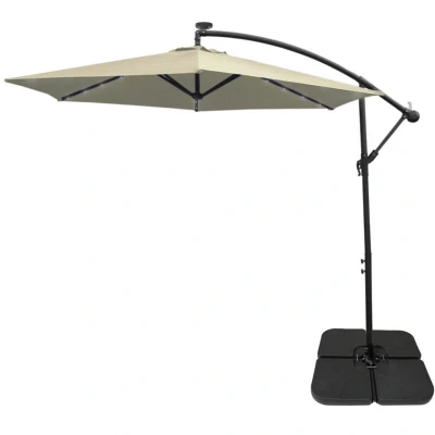 Image of LED Cantilever Parasol 3m Cream Banana Hanging Umbrella Garden Sun Shade Canopy Patio 360 Rotation Tilt UV Protection Winding Crank 24 Solar Powered Cool White Lights FREE Rain Cover &amp; Square Base