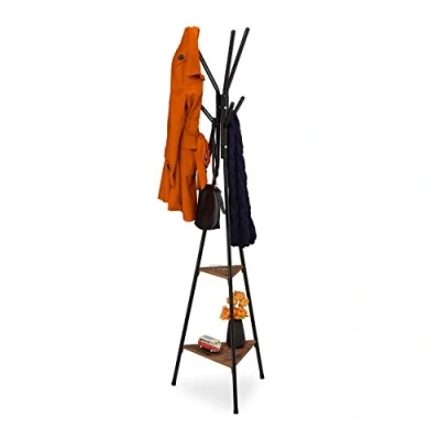 Image of Relaxdays Coat Stand Industrial Design, Jacket Rack with 2 Shelves, Metal &amp; MDF, HxWxD: 181.5 x 50 43 cm, Black/Brownx