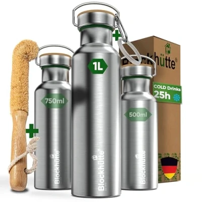 Image of Blockhütte Stainless Steel Water Bottle I 1L Insulated Metal Flask, BPA Free, Leakproof, Dishwasher Safe, Ideal for Gym, Travel, Home Use, Cold Drinks, Reusable, with Natural Cleaning Brush