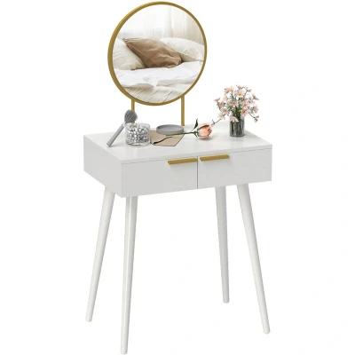 Image of HOMCOM Modern Dressing Table with Round Mirror, Makeup Vanity 2 Drawers for Bedroom, Living Room, 60 x 40 123 cm, White