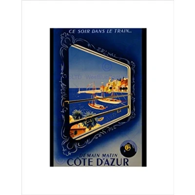 Image of Wee Blue Coo TRAVEL TOURISM COTE D&#039;AZUR FRANCE SEA HARBOUR TRAIN FRAMED ART PRINT B12X10588