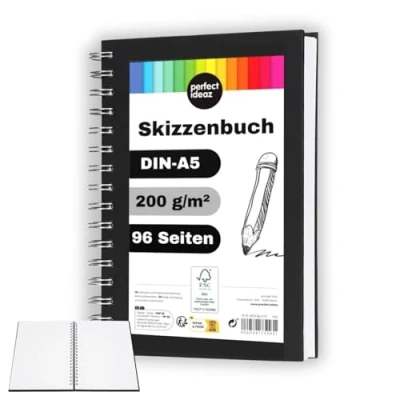 Image of perfect ideaz DIN A5 sketch book 96 pages (48 sheets), professional drawing block, black hardcover, spiral binding with white blank paper, 200 g, &amp; for