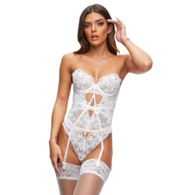 Image of Ann Summers The Icon White Basque for Women with Padded Plunge Bra and Charm Detail, Lace Corset, Underwired Bra, Women&#039;s Lingerie Set