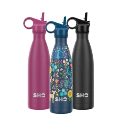 Image of SHO Stainless Steel Water Bottle with Straw and Screw Lid Leakproof, BPA Free, No Sweat, Vacuum Insulated Double Wall Metal Flask 500ml Original 2.0 12 Hours Hot 24 Cold (500ml, Ditsy Bees)